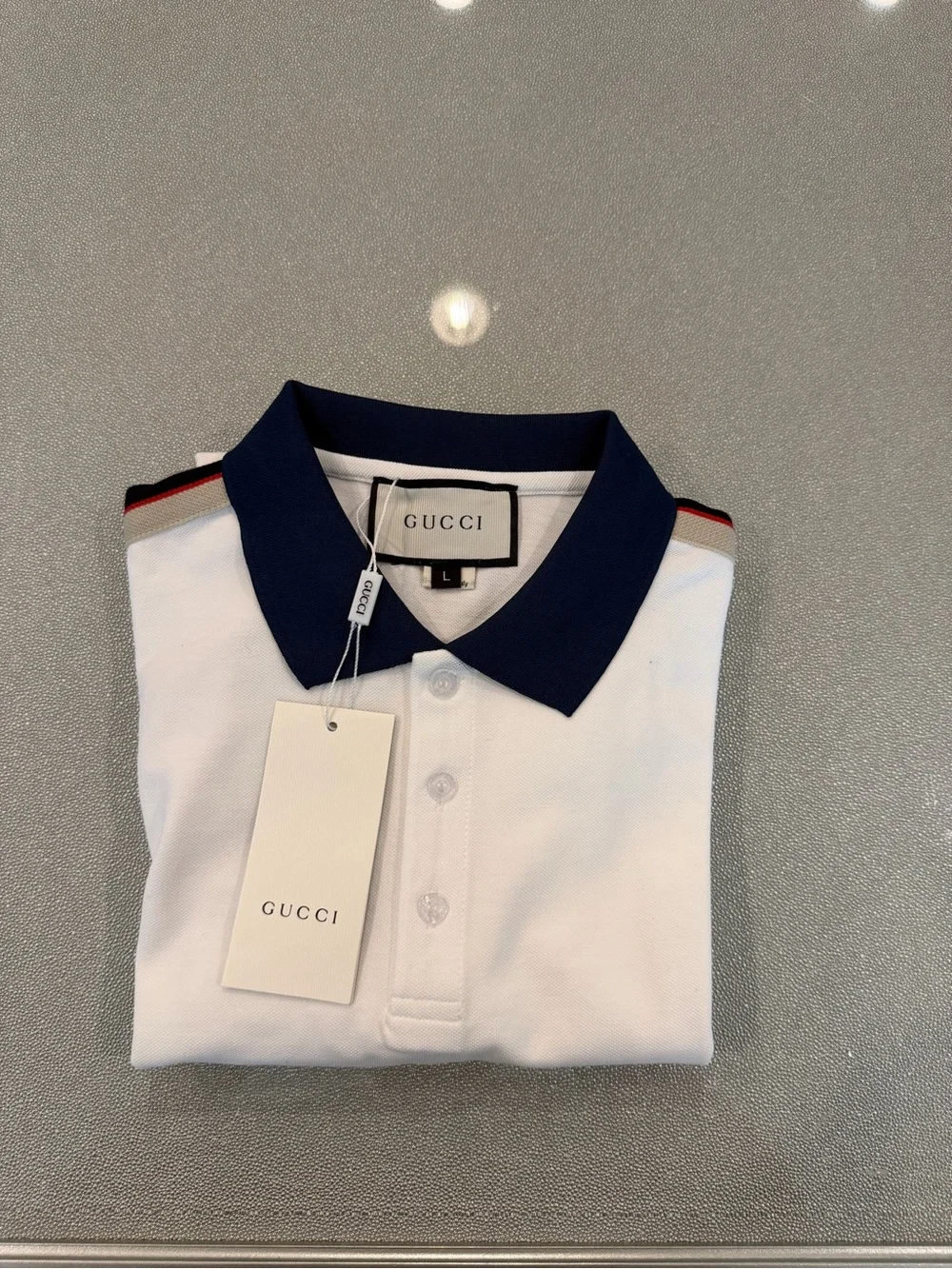 Gucci White Polo with Navy Collar and Red-Navy Shoulder Stripes